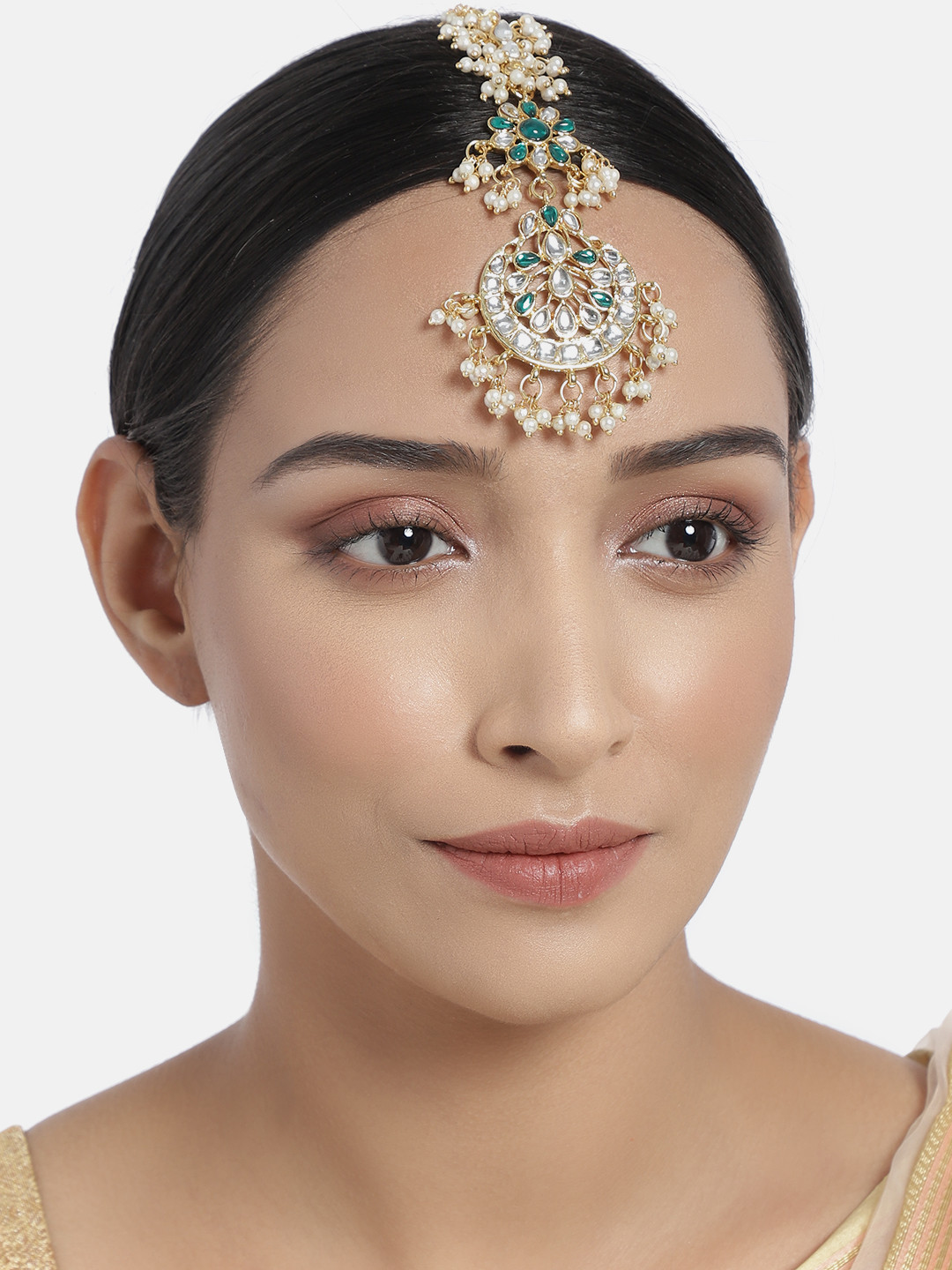 I Jewels Teal Green & White Gold-Plated Handcrafted Kundan & Faux Pearl Maang Tikka