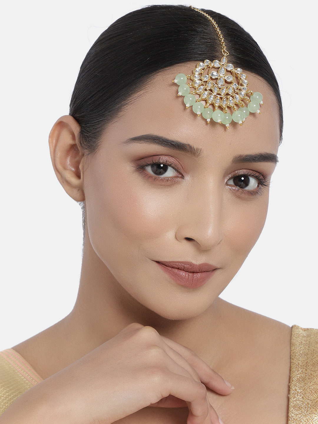 I Jewels Sea Green & White Gold-Plated Kundan-Studded Handcrafted Maangtikka