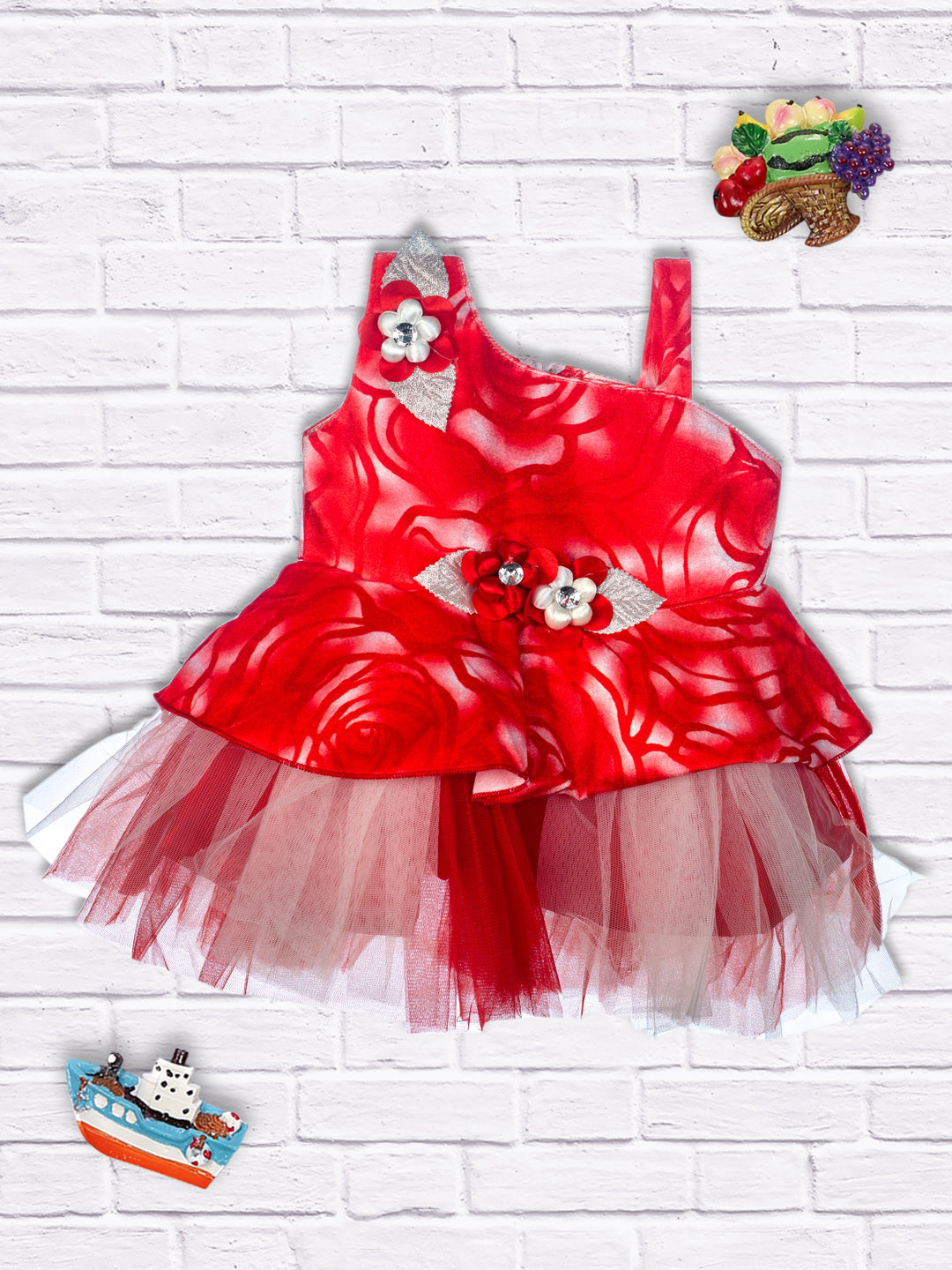 MeeMee Girls Red Printed Frilly Fit and Flare Party Dress