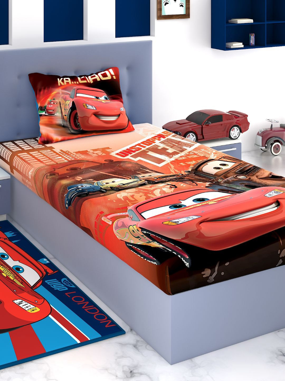 Disney Athom Trendz Cars Grey Conversational Cotton 180 TC Single Bedsheet with a Pillow Cover-58 x 88 inches