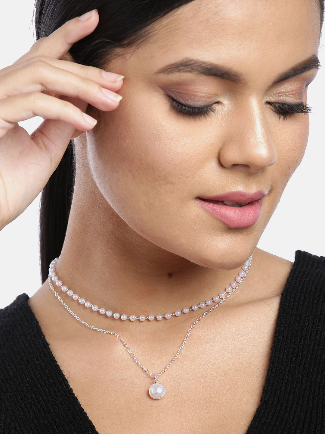 Jewels Galaxy White Silver-Plated Beaded Minimal Design Layered Necklace