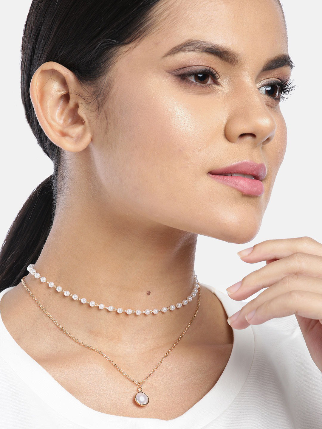 Jewels Galaxy White Gold-Plated Beaded Minimal Design Layered Necklace