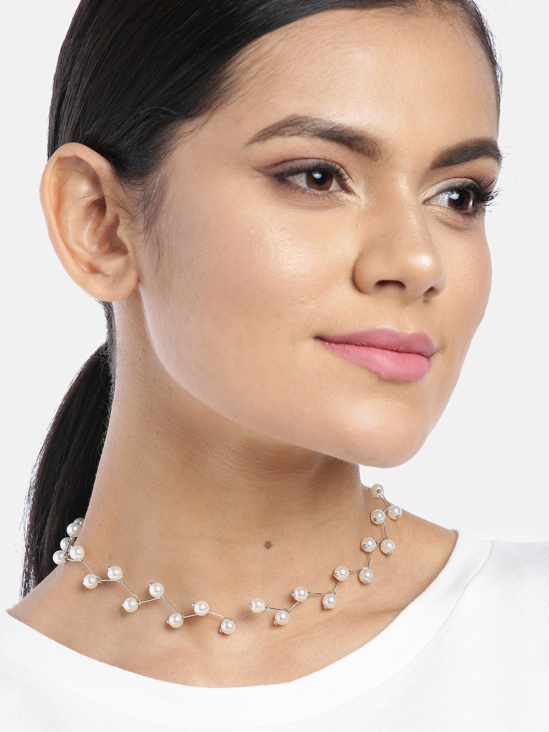 Jewels Galaxy White Silver-Plated Beaded Choker Necklace