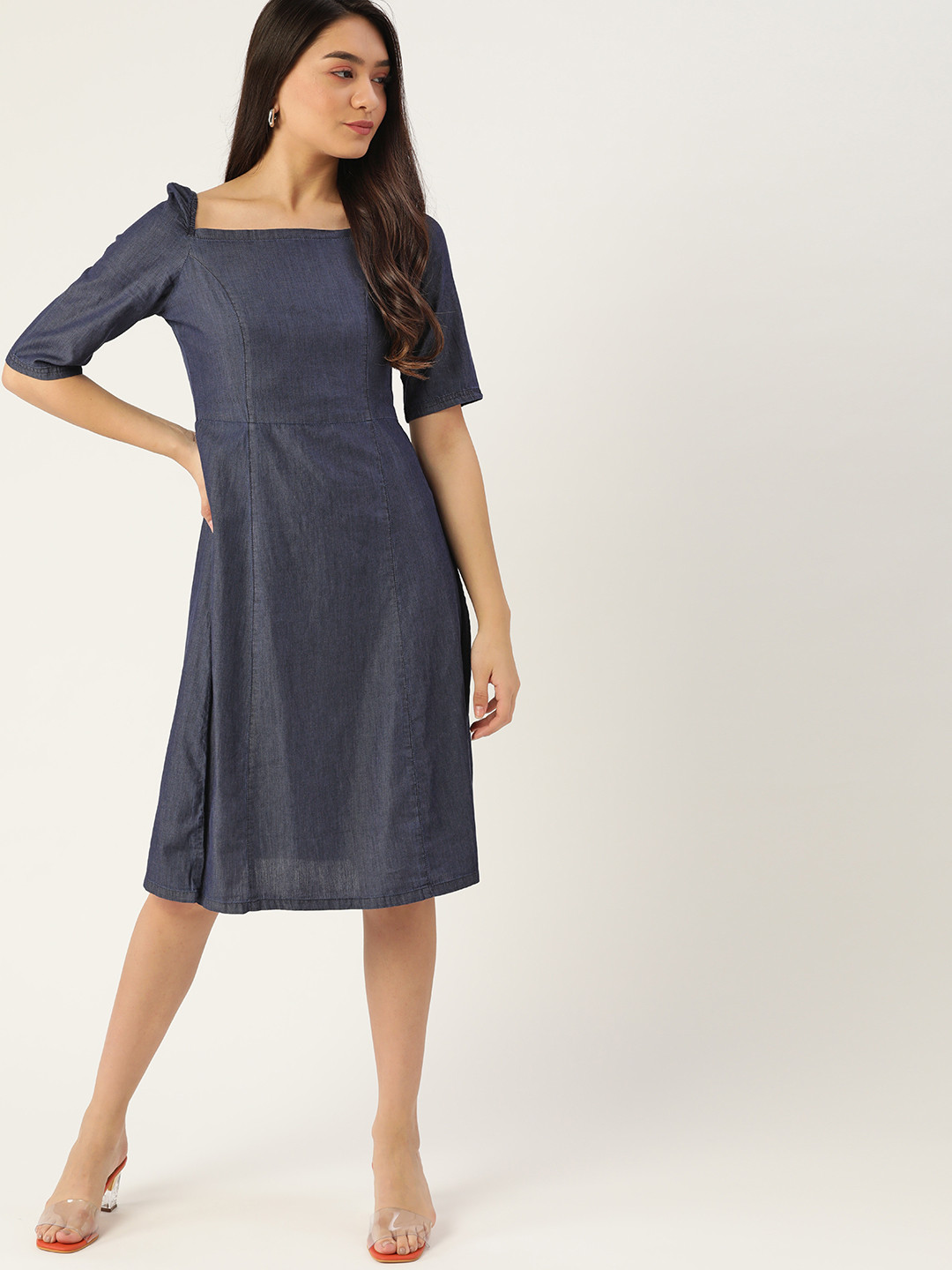 DressBerry Navy Blue  Cotton Chambray A-Line Dress