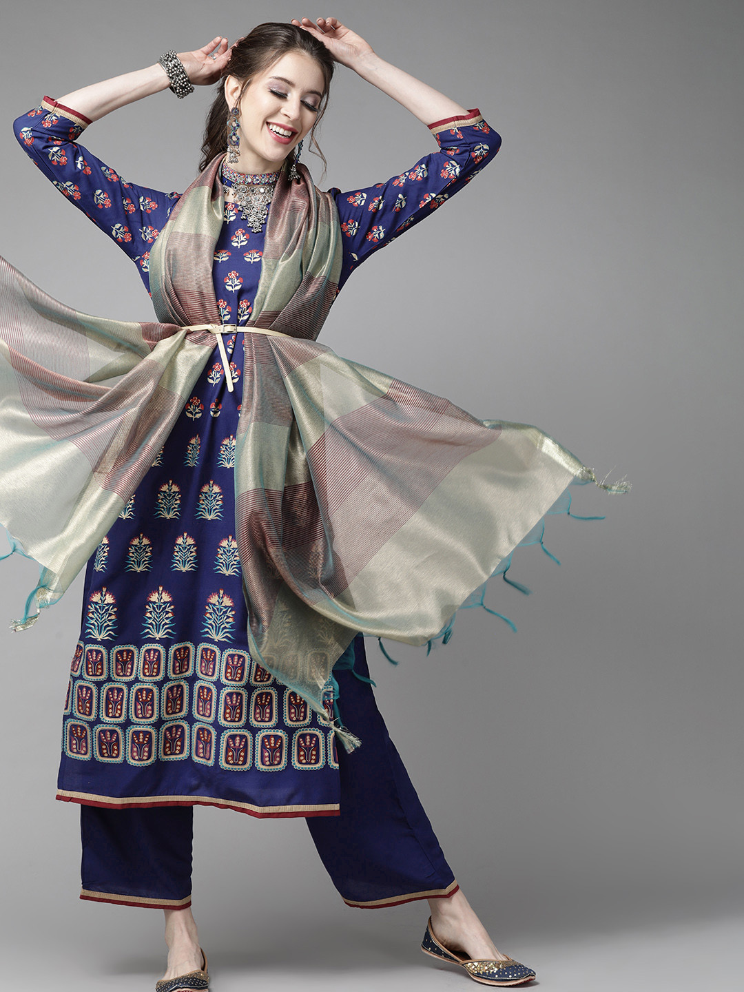 Indo Era Blue & Red Romantic Floral Printed Kurta with Palazzos and Dupatta