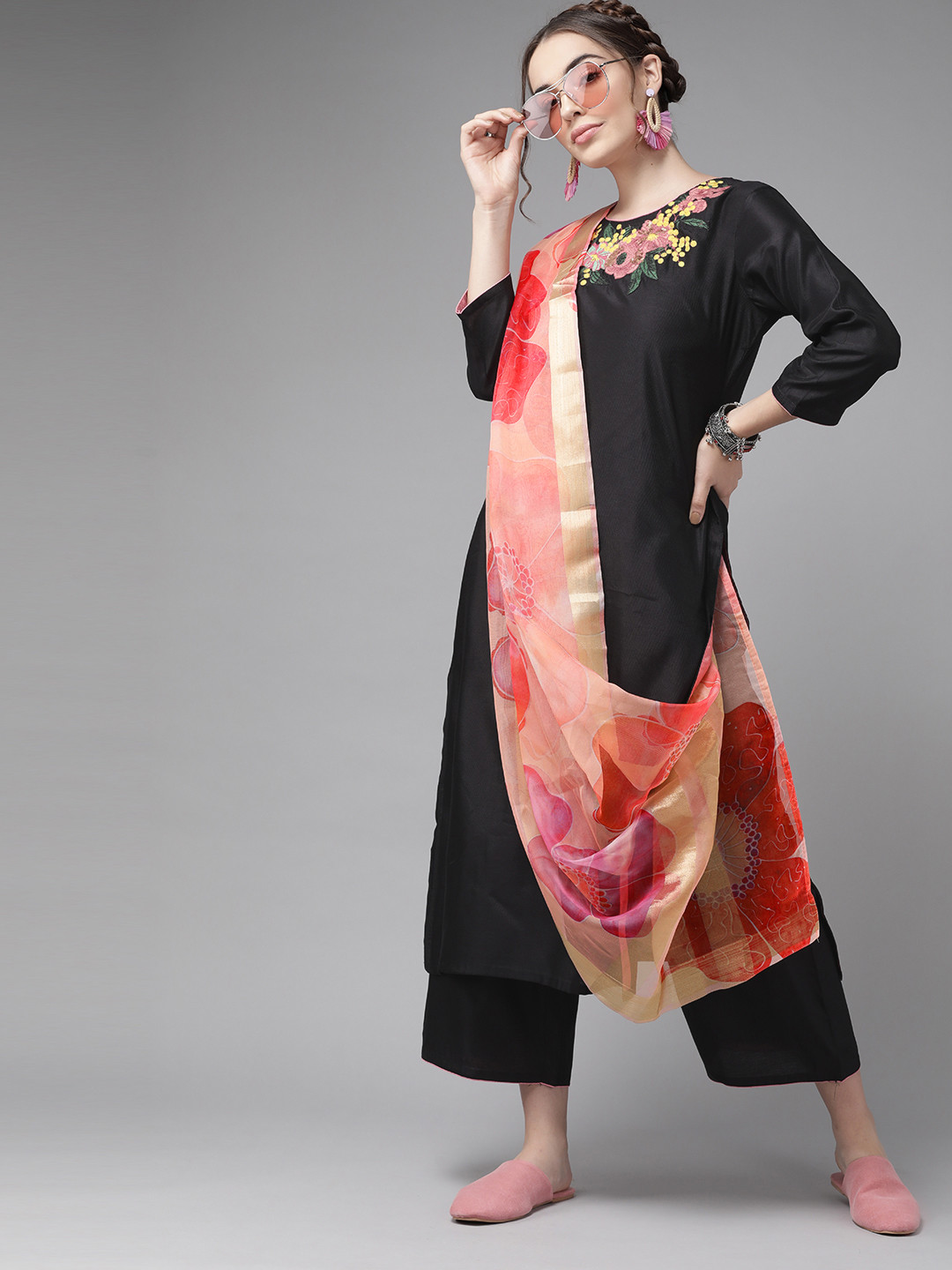 Indo Era Classic Black And Peach Embroidered Kurta Set