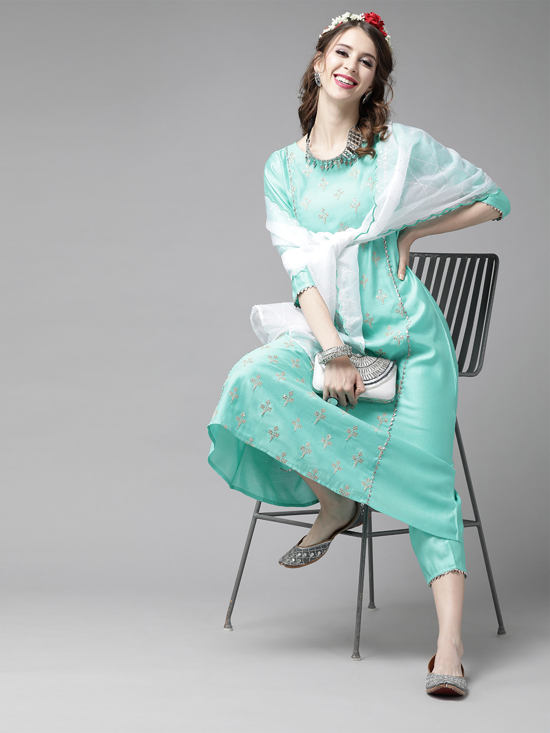 Indo Era Women Sea Green & Golden Embroidered Kurta with Trousers & Dupatta