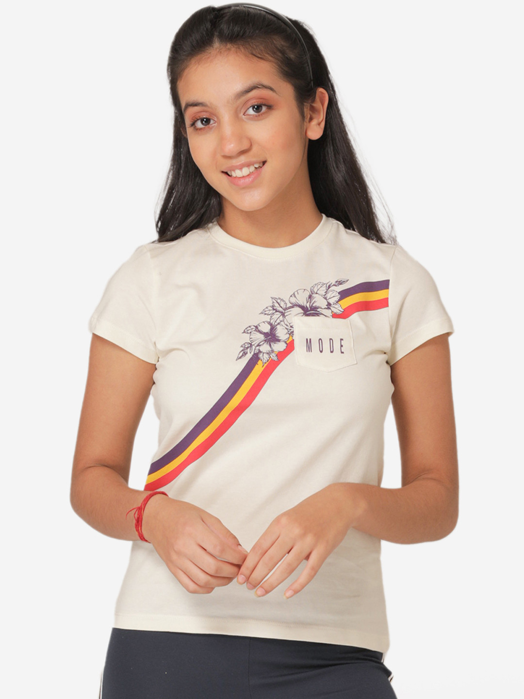 Mode by Red Tape Girls Off-White & Black Striped Round Neck T-shirt