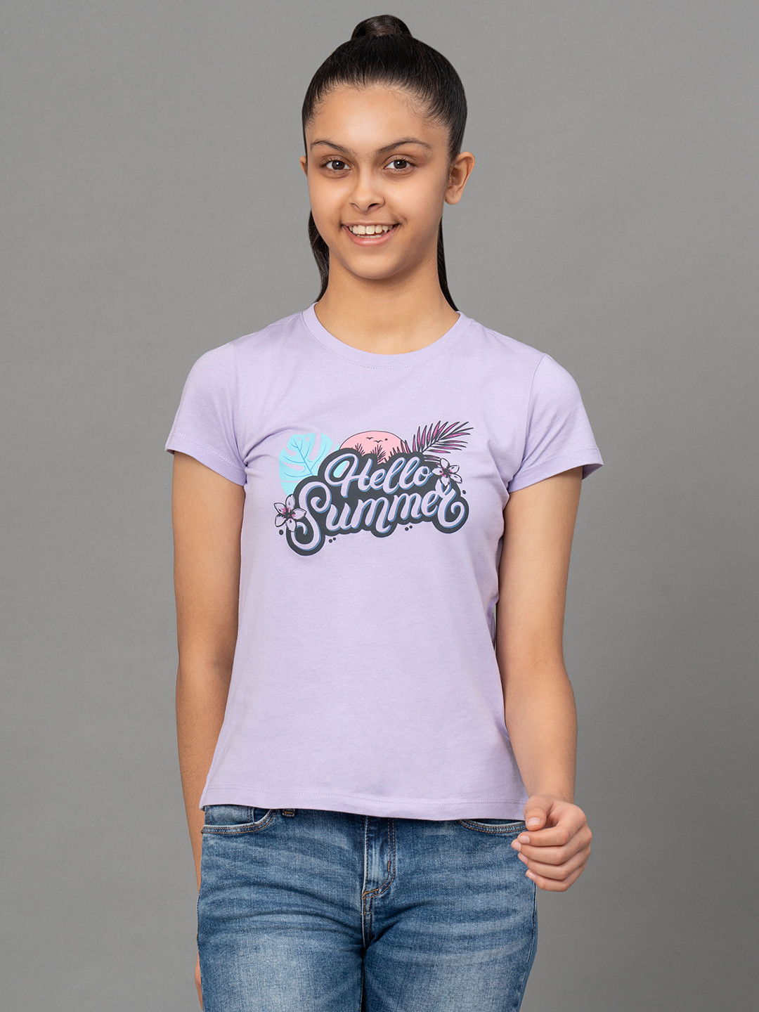 Mode by Red Tape Girls Lavender & Black Printed Round Neck T-shirt