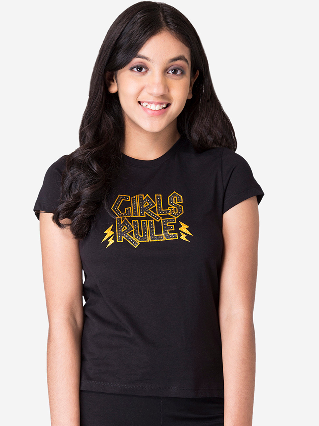Mode by Red Tape Girls Black & Grey Printed Round Neck T-shirt