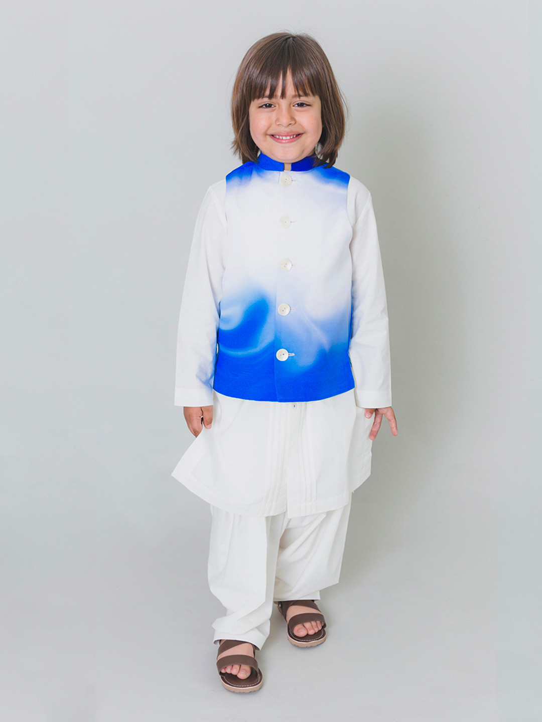 Tiber Taber Boys White Solid Kurta Tie & Dye with Pyjamas & Nehru Jacket