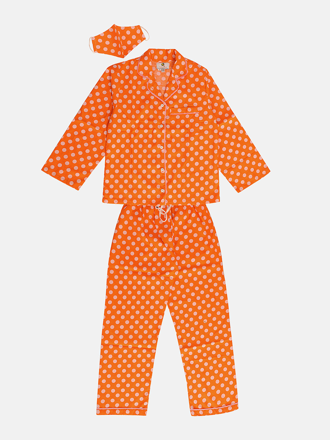 TINY HUG Girls Orange  White Printed Cotton Night Suit