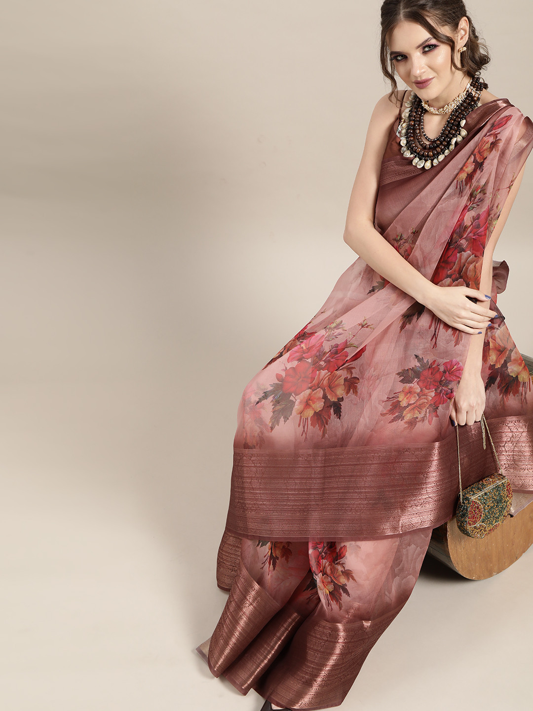Saree mall Mauve & Red Organza Block Print Saree