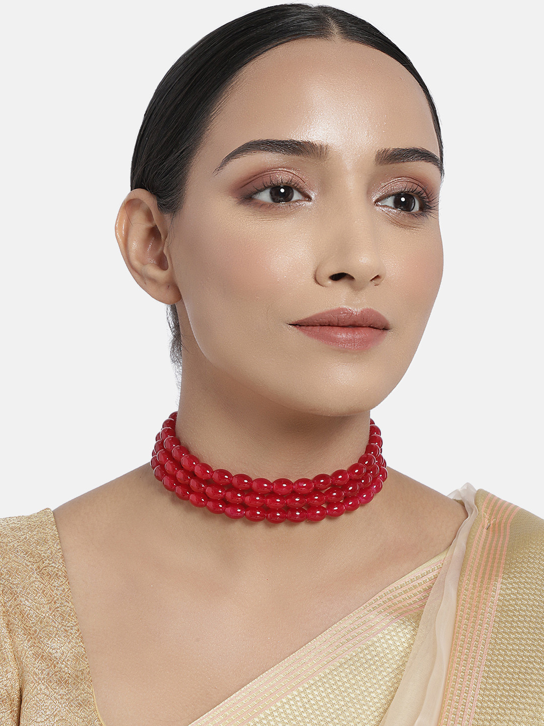 I Jewels Red & Gold-Plated 3 Layered Handcrafted Choker Necklace