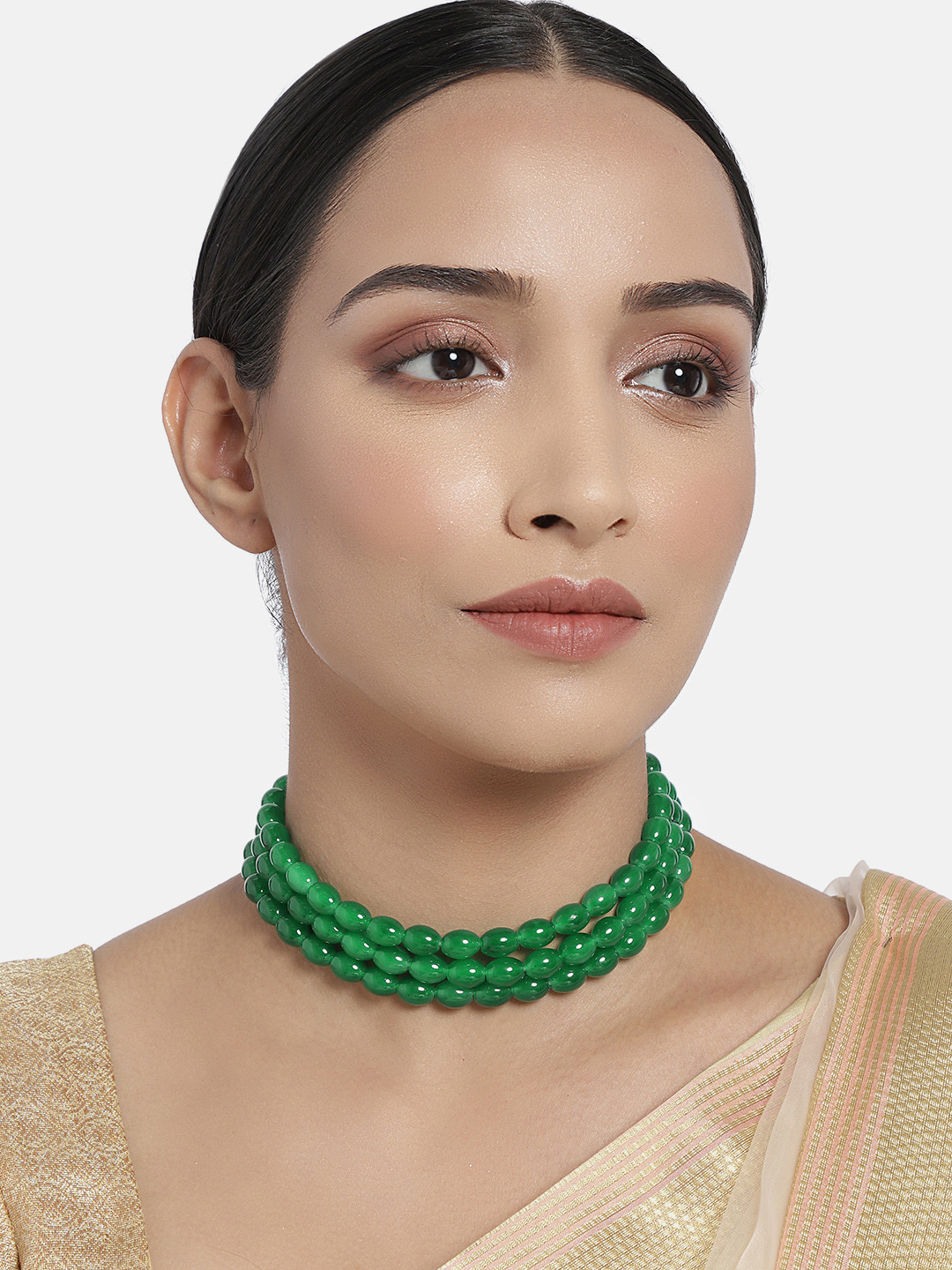 I Jewels Green & Gold-Plated 3 Layer Handcrafted Choker Necklace