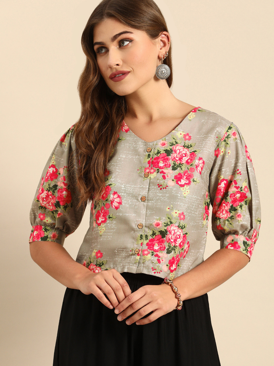 Varanga Grey & Pink Floral Printed Puff Sleeves Regular Crop Top