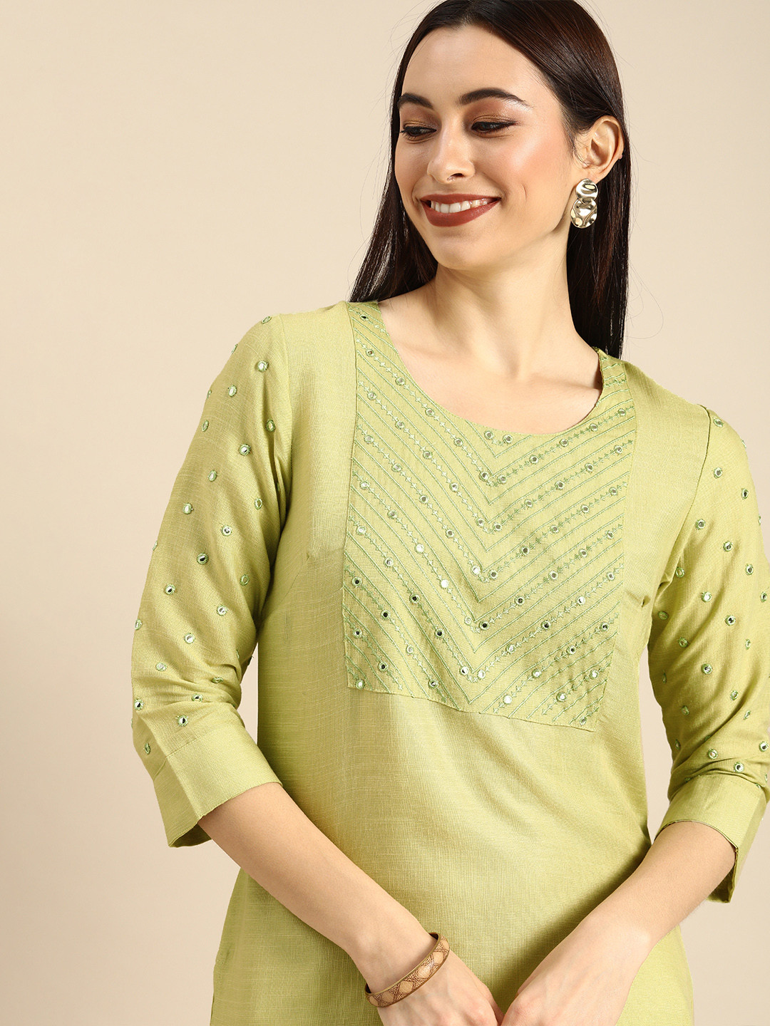 Anouk Women Cream-Coloured & Lime Green Embroidered Sequins Kurta