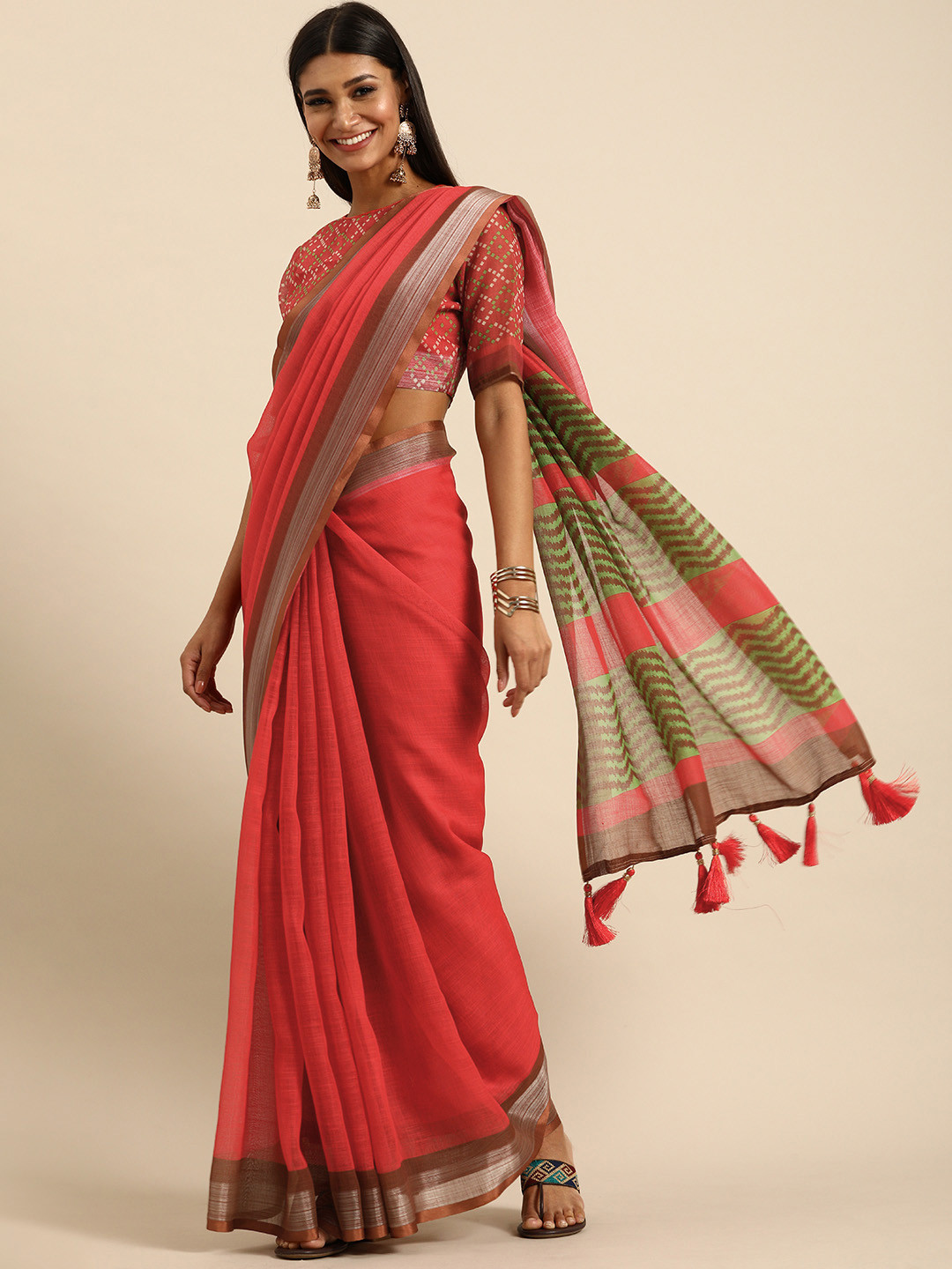 Anouk Maroon & Green Pure Linen Dyed Saree