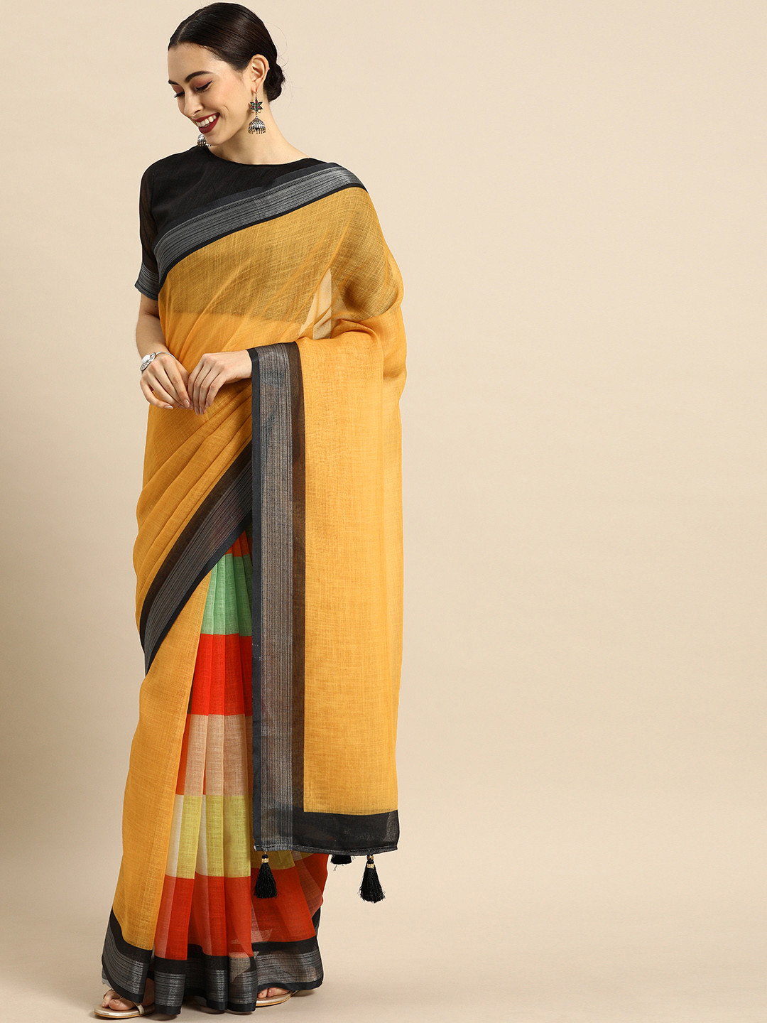 Anouk Mustard Yellow Checked Pure Linen Saree