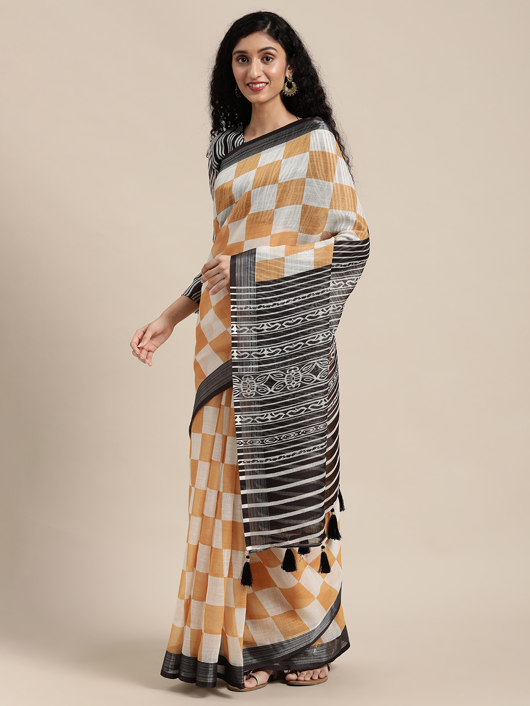 Anouk Yellow & White Checked Beads and Stones Pure Linen Saree