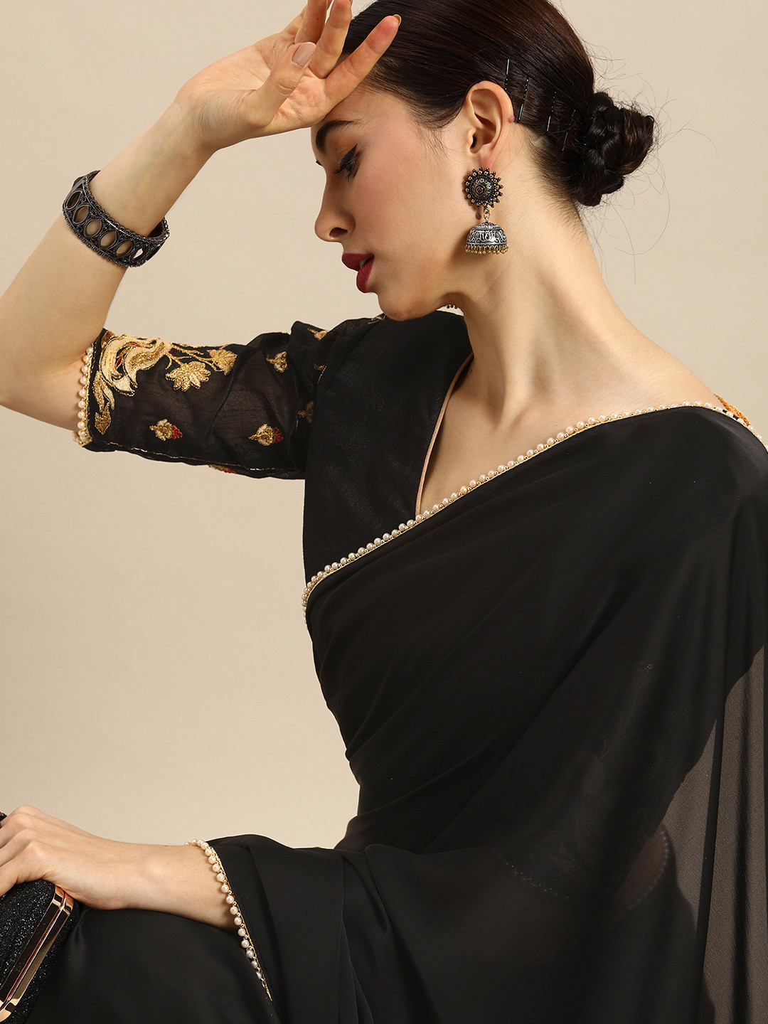 Anouk Black Solid Satin Pearl Border Saree