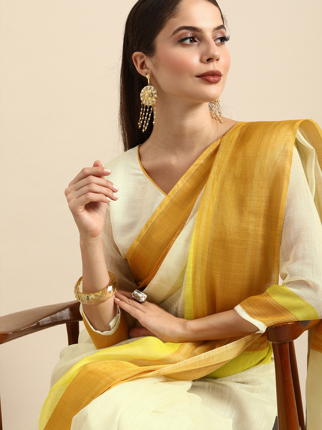 Anouk Cream-Coloured & Gold-Toned Pure Linen Solid Saree