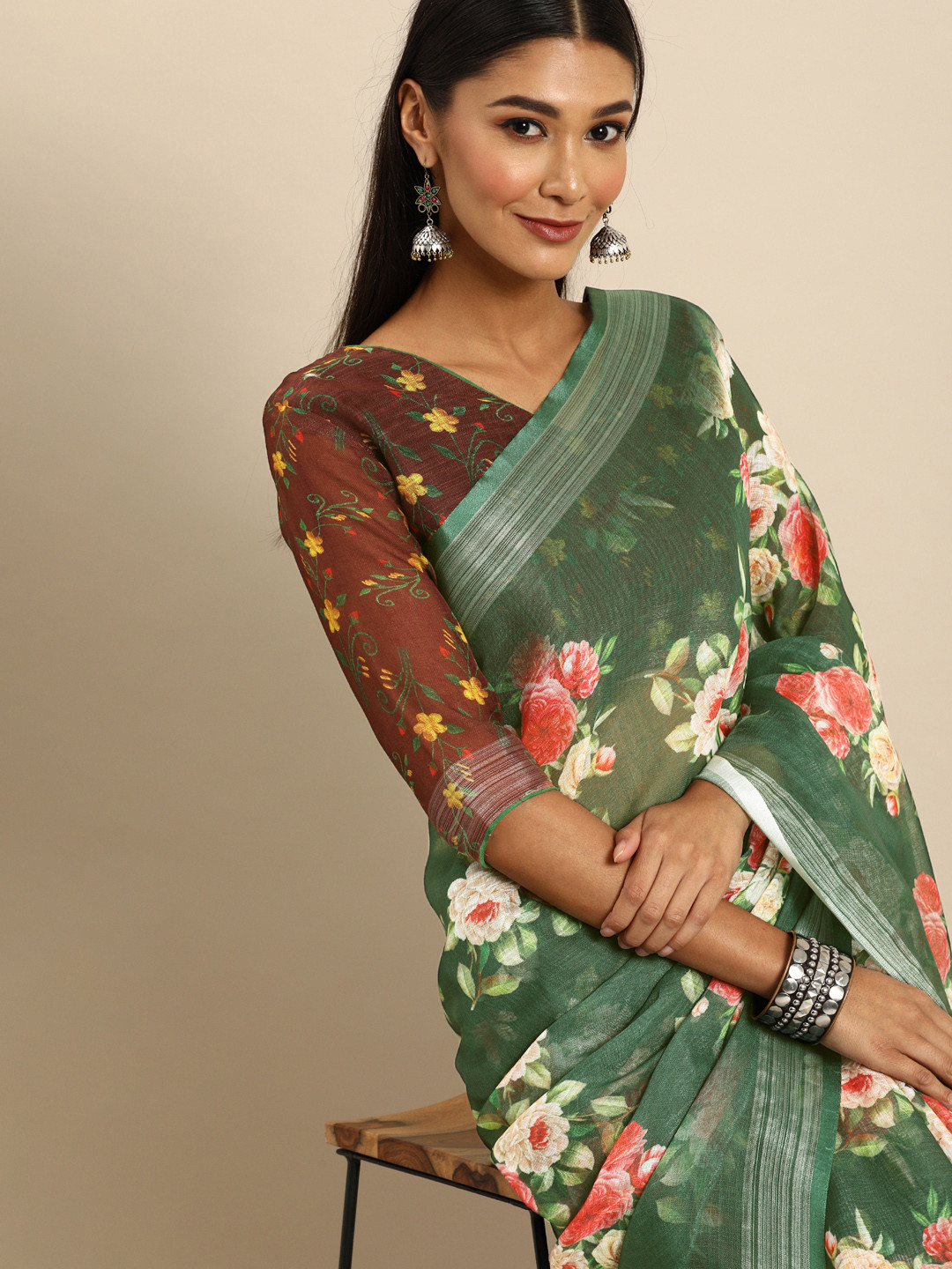 Anouk Olive Green & Orange Pure Linen Floral Printed Saree
