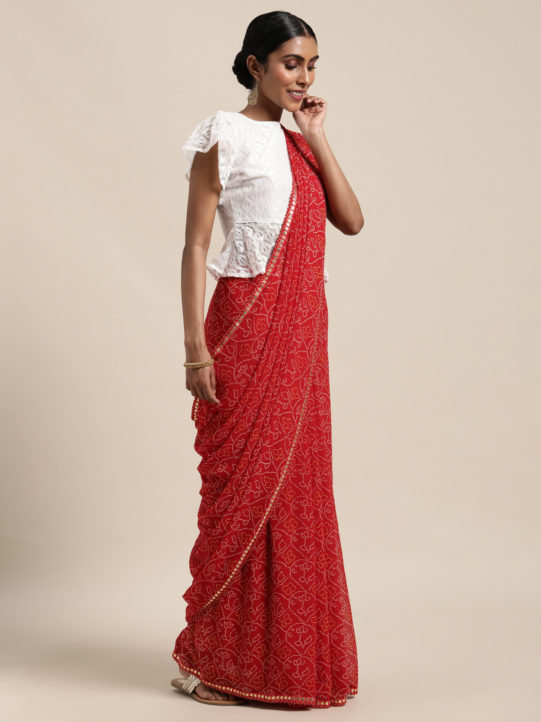 Anouk Red & White Bandhani Pure Georgette Bandhani Saree