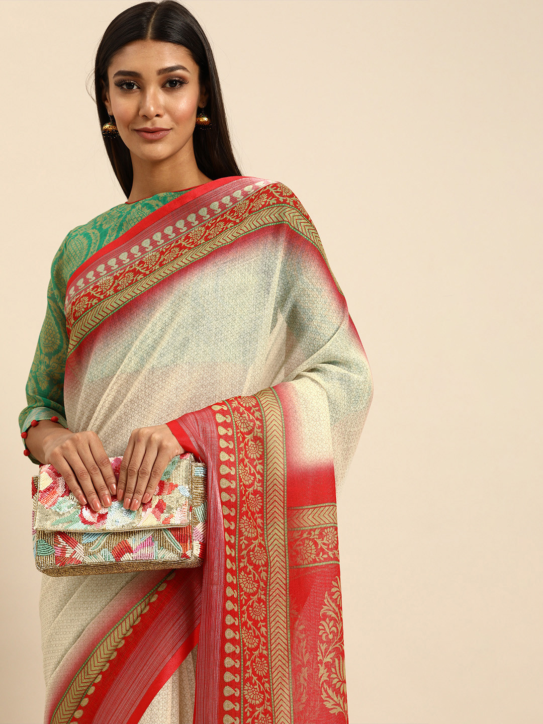 Anouk Red & Beige Pure Linen Printed Saree