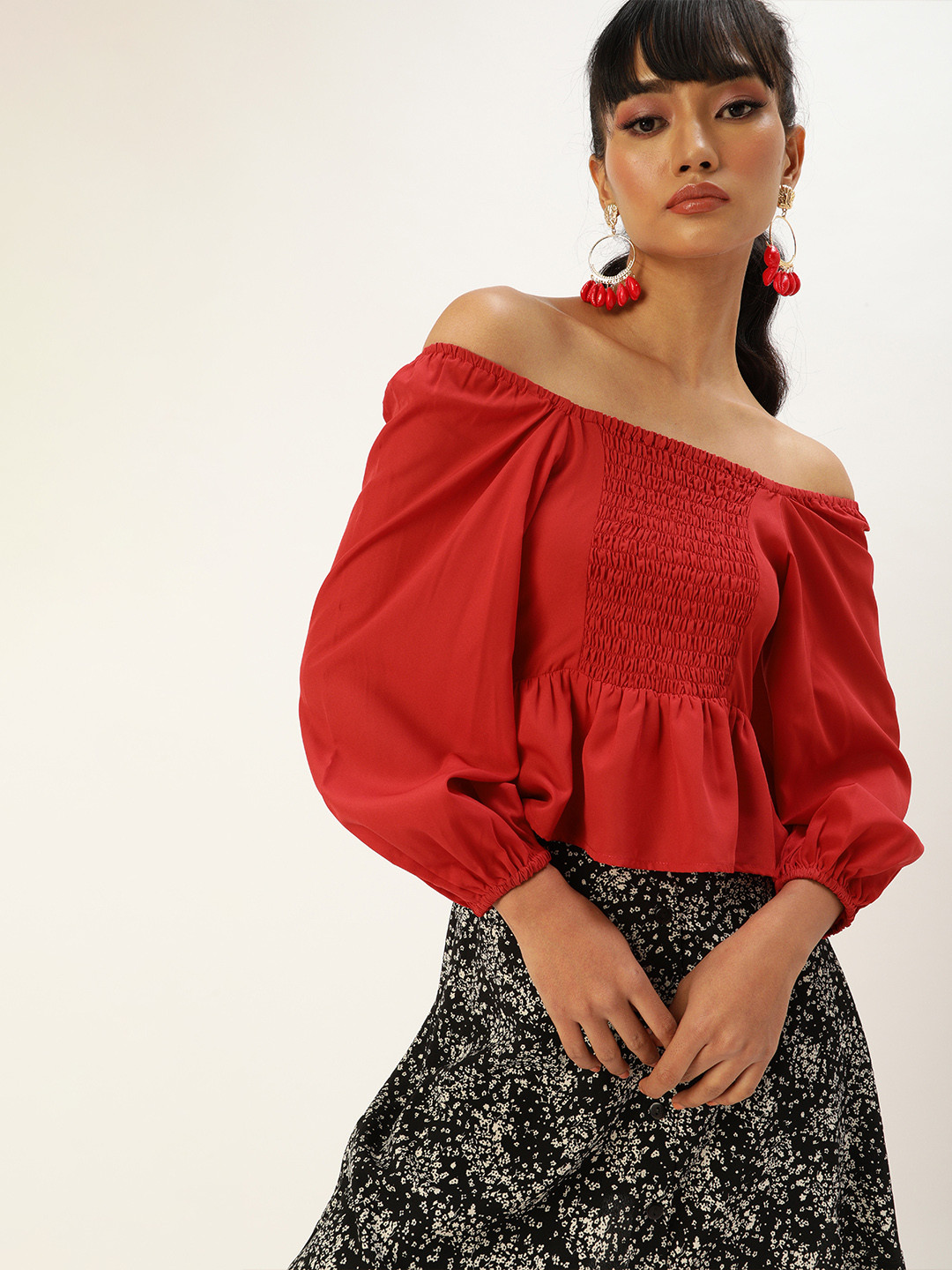 Style Quotient Blazing Red Solid Smocked Crop Top