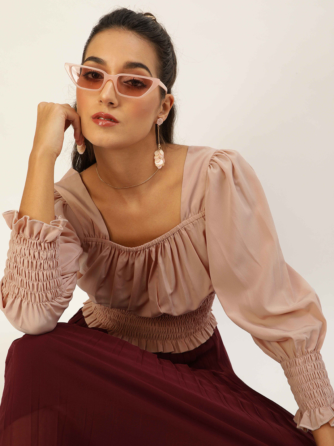 Style Quotient Calm Nude Solid Smocked Top