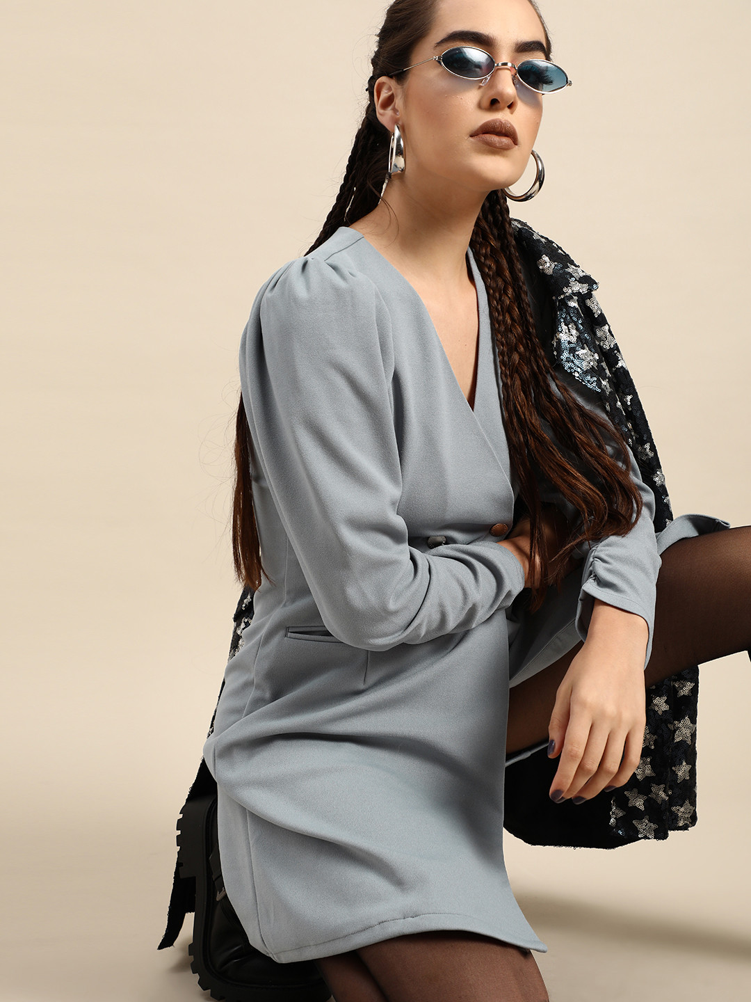 Athena Grey Solid Puff Sleeves Street Style Blazer Dress