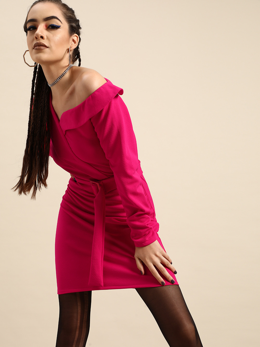 Athena Fuchsia Solid Street Style Blazer Dress with Belt