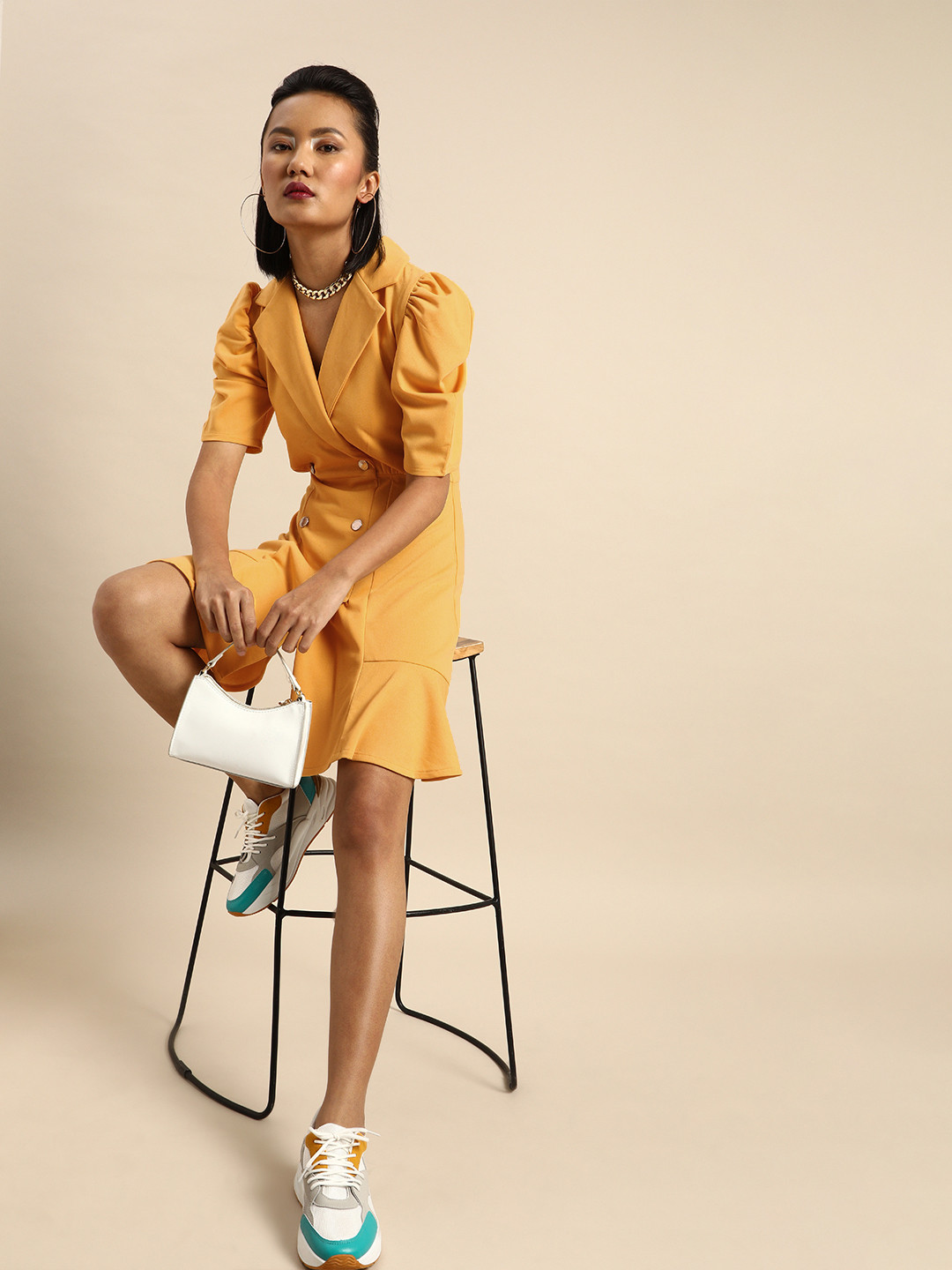 Athena Women Yellow Solid Blazer Dress with Puff Sleeves