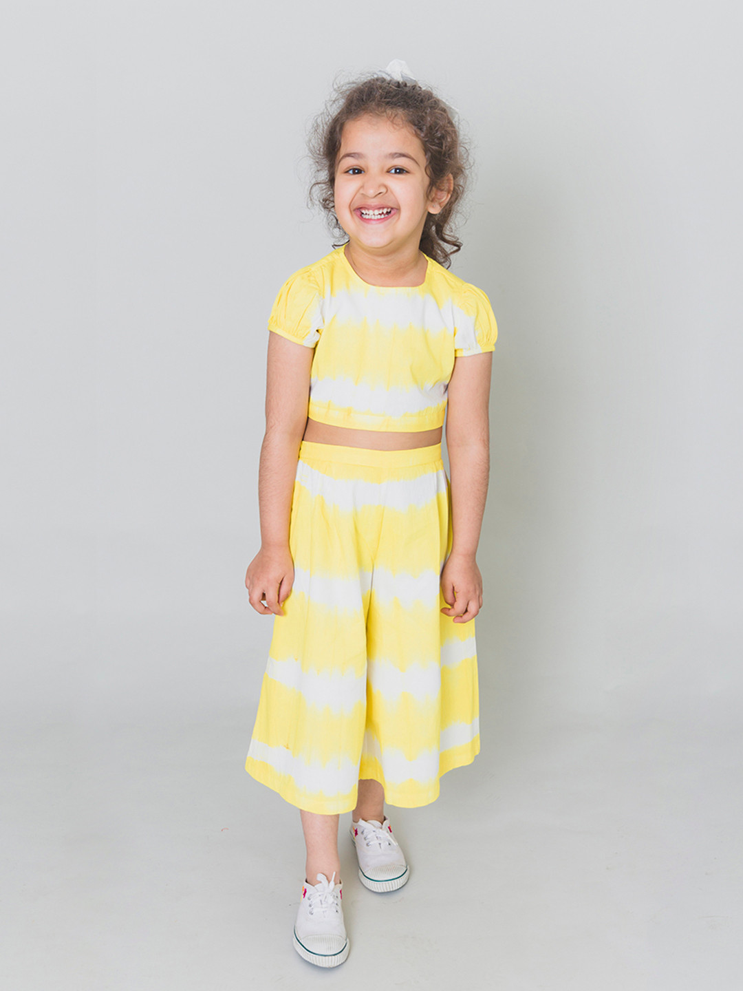 Tiber Taber Girls Yellow & White Tie & Dye Striped Top with Palazzos