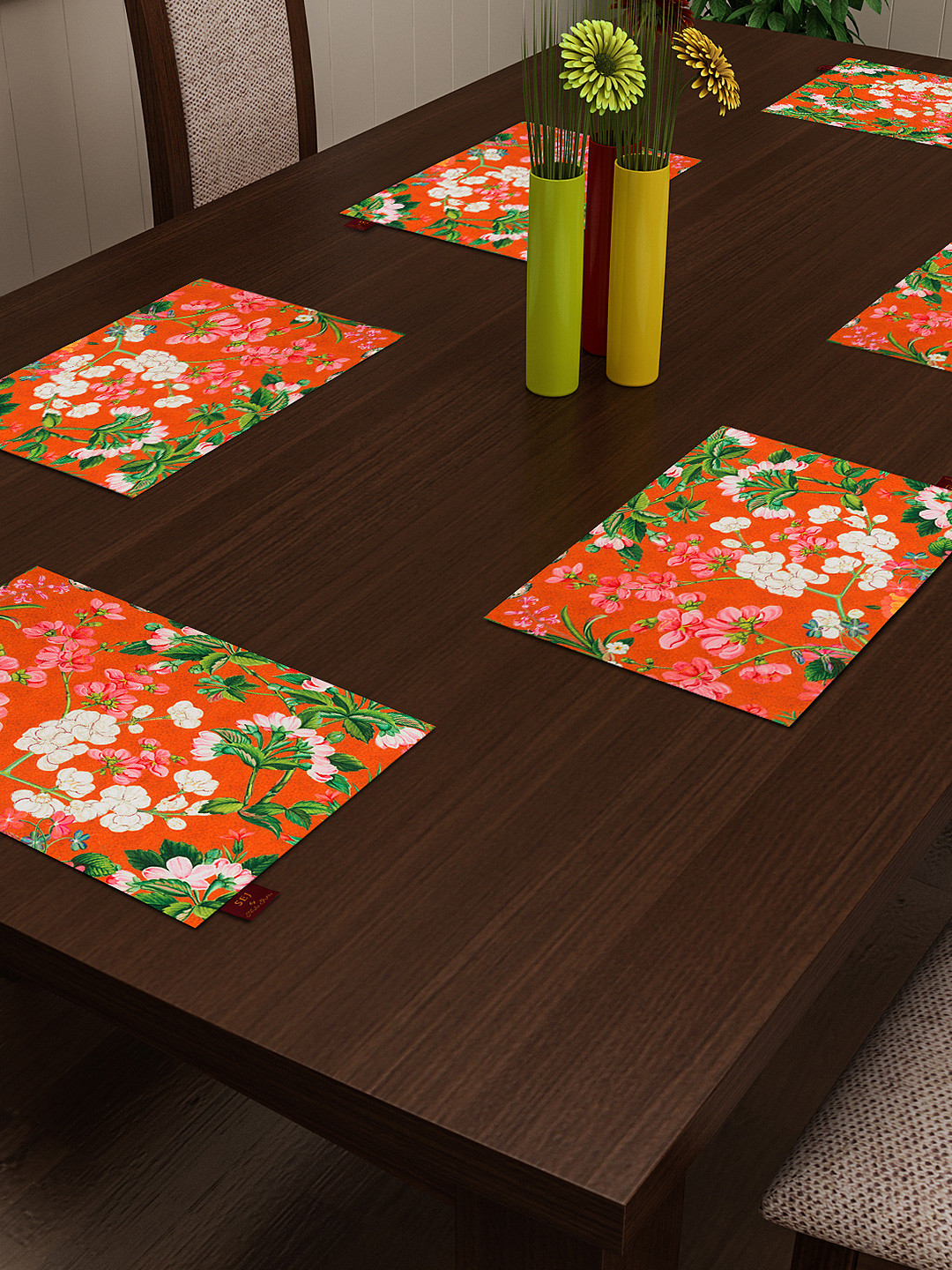 SEJ by Nisha Gupta Orange Set of 6 Floral Print Table Mats