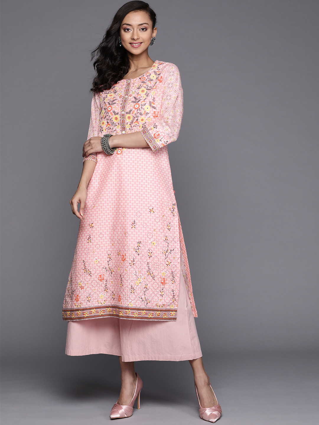 Biba Women Pink & Orange Ethnic Motifs Printed Pure Cotton Straight Kurta