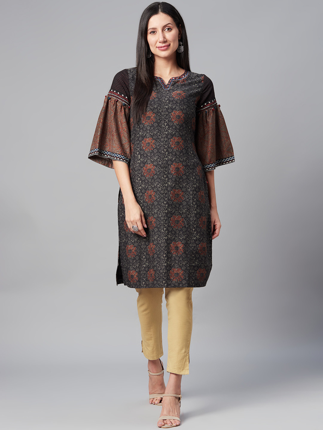 Biba Women Charcoal Grey & Beige Bell Sleeves Printed Kurta