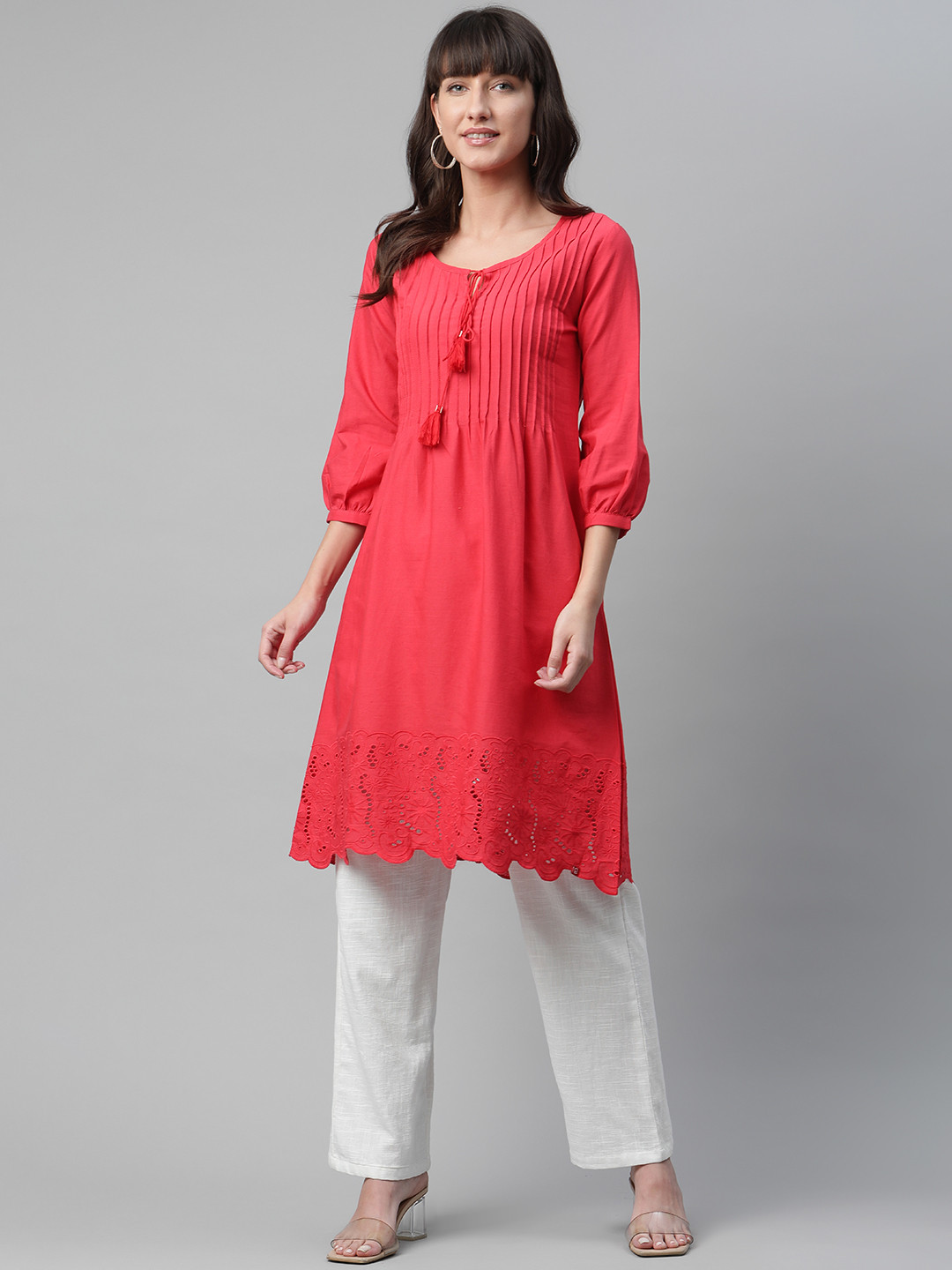 Biba Women Red Solid A-Line Kurta With Schiffli Detailing
