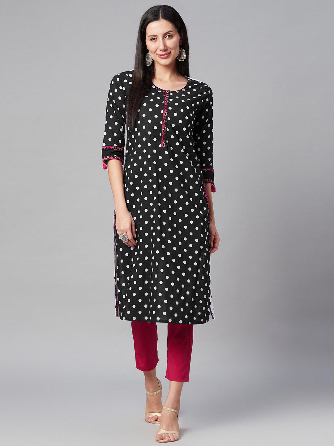 Biba Women Black & White Pure Cotton Polka Dots Print Kurta
