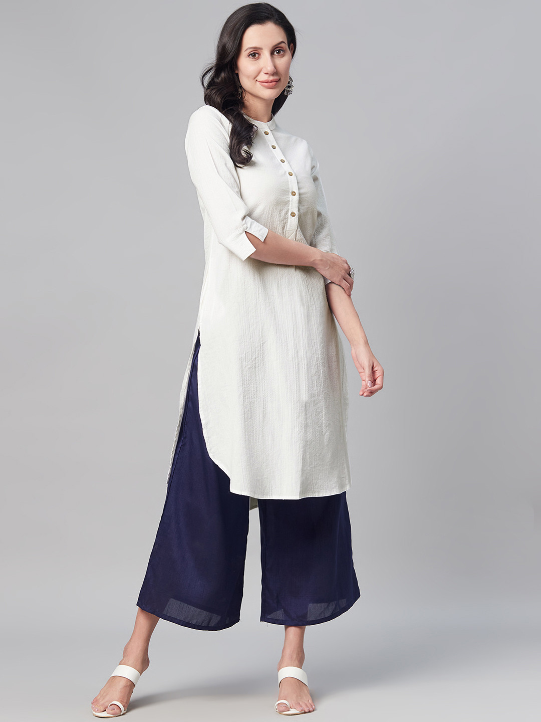 Biba Women White Pure Cotton Self-Striped Kurta
