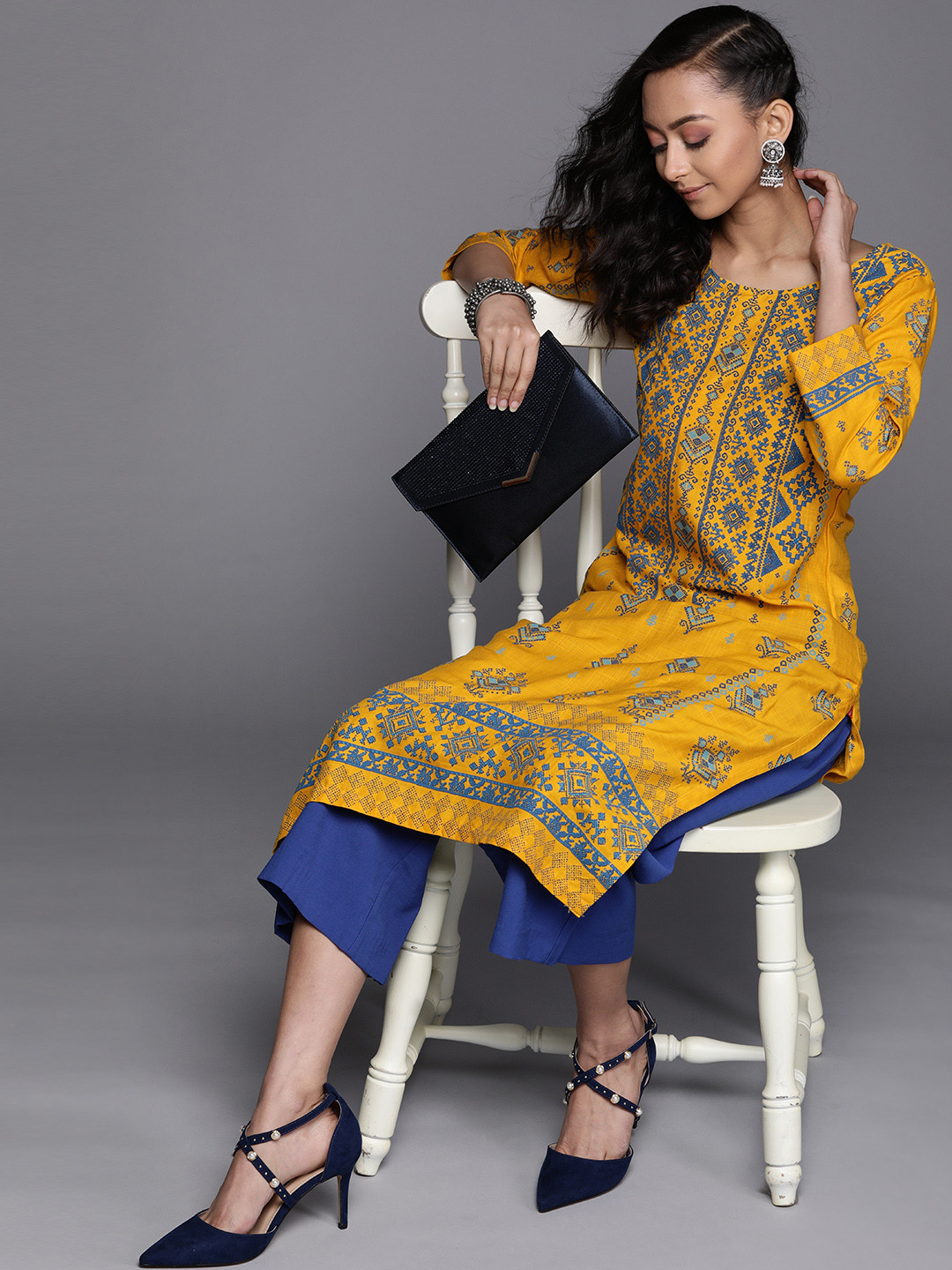 Biba Women Mustard Yellow & Blue Ethnic Motifs Printed Straight Kurta