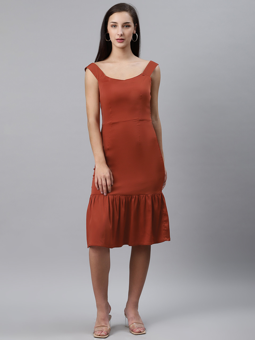 plusS Women Rust Brown Solid A-Line Dress