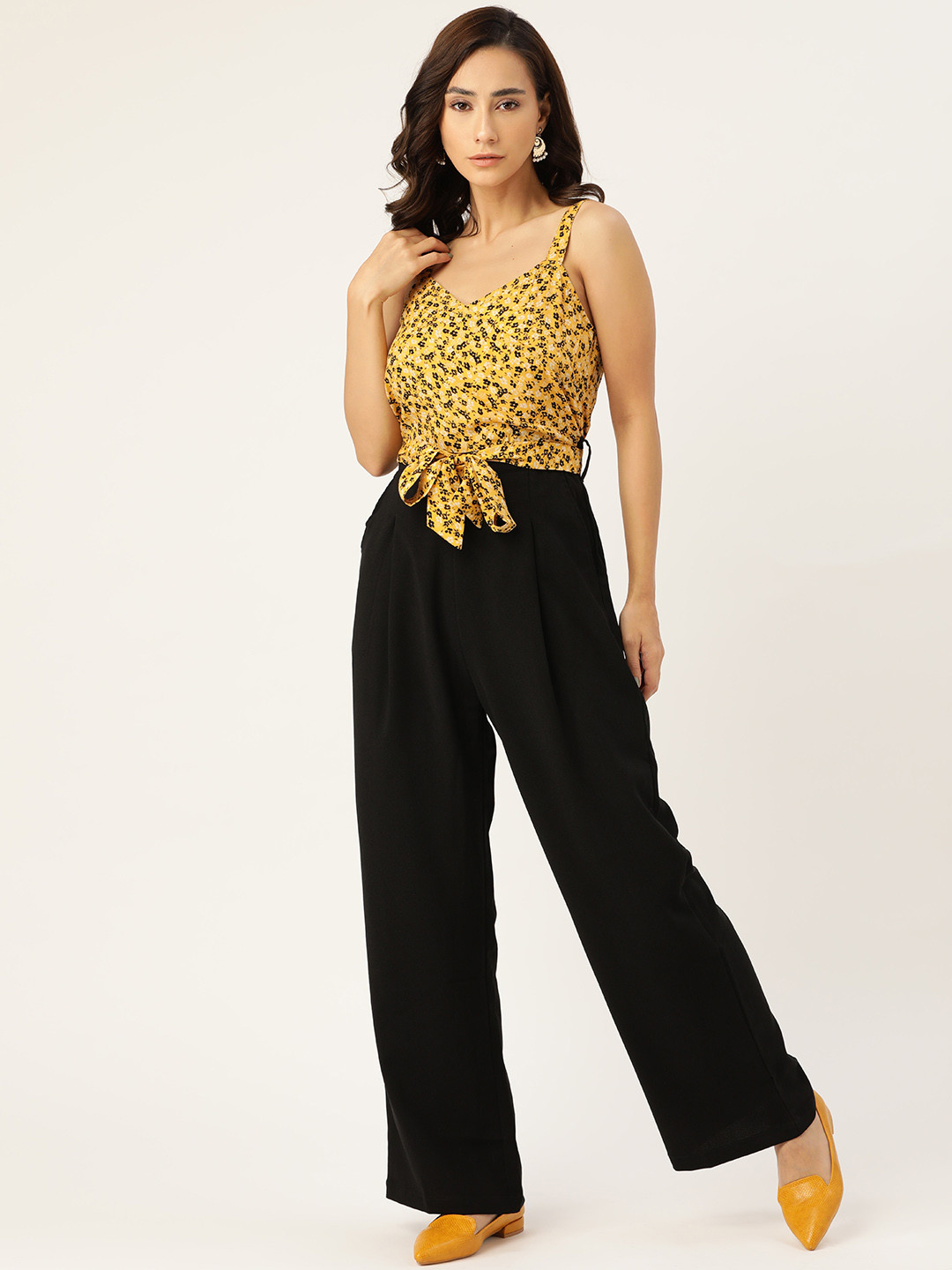 Antheaa Yellow & Black Floral Print Basic Jumpsuit with Belt