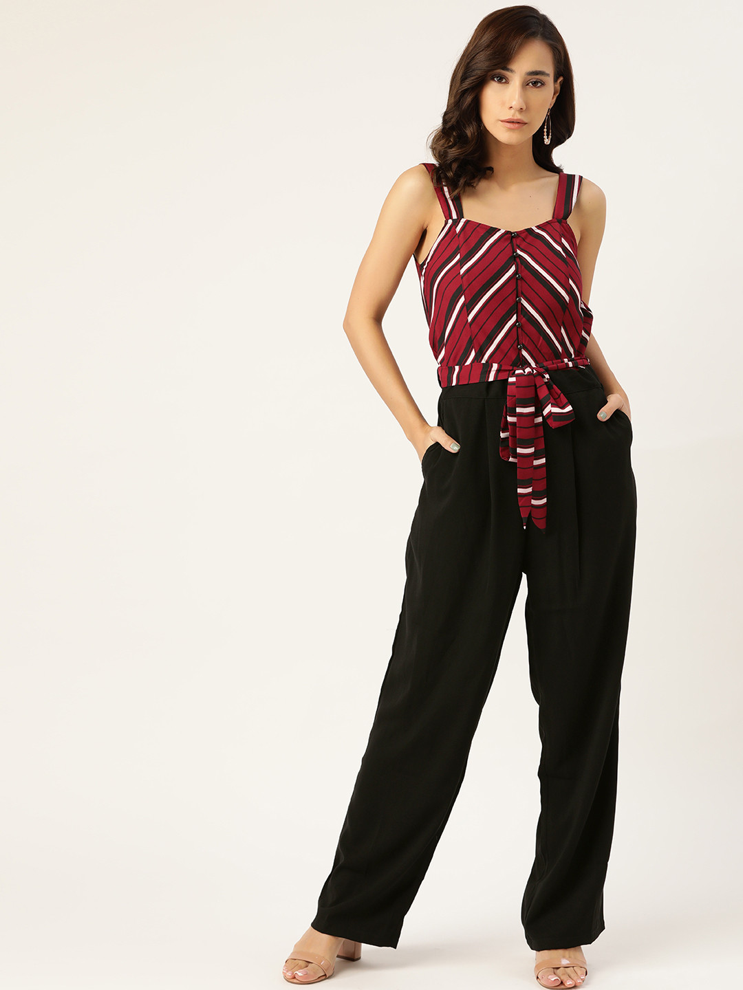 Antheaa Maroon & Black Striped Basic Jumpsuit