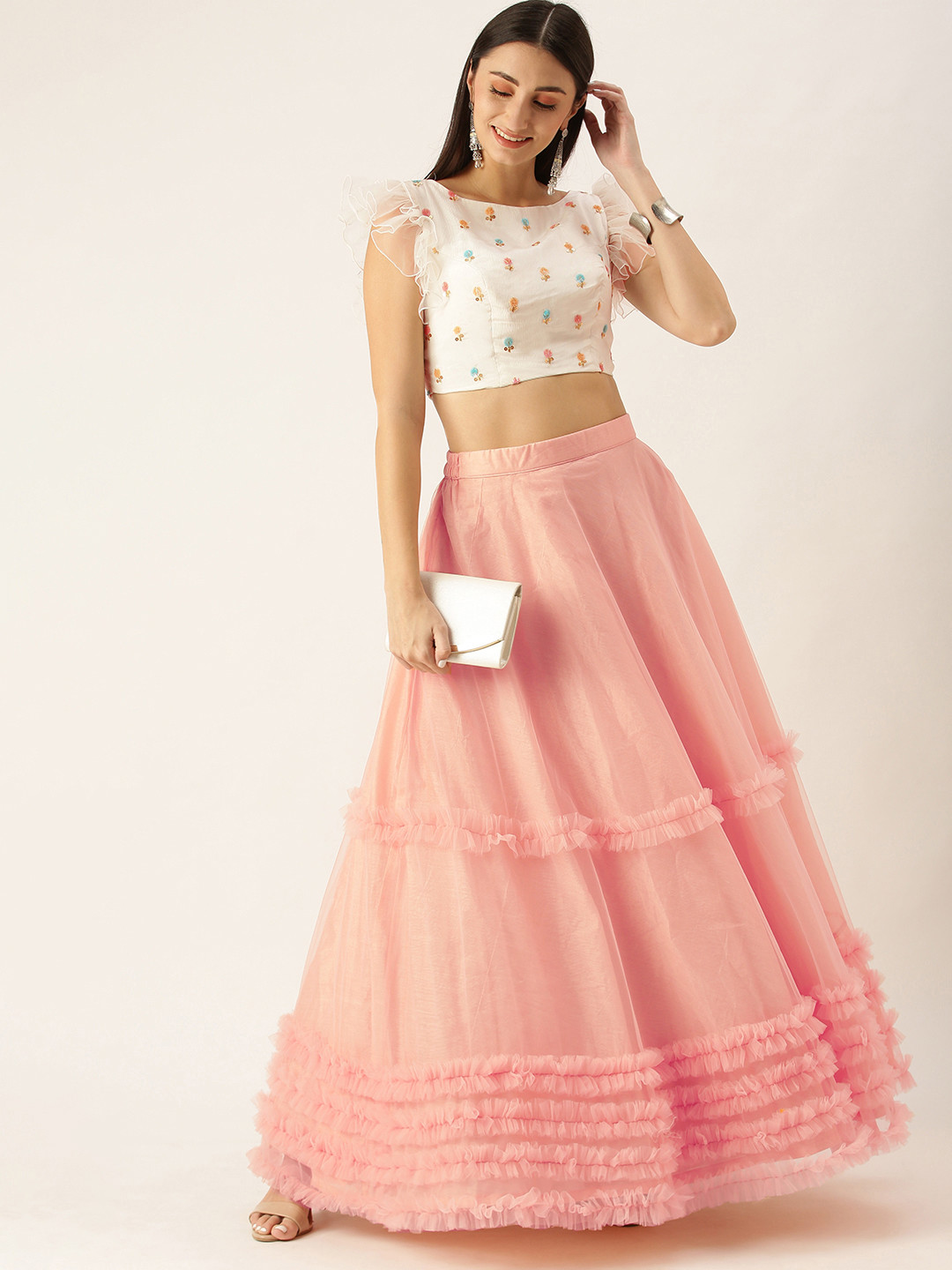 Ethnovog White Embellished Made to Measure Choli with Peach-Coloured Lehenga