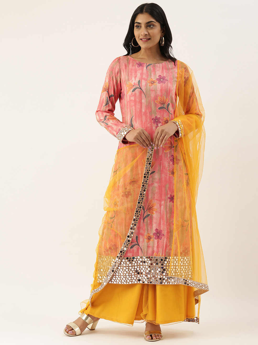 Ethnovog Women Pink  Yellow Floral Print Made to Measure Kurta with Palazzos  Dupatta
