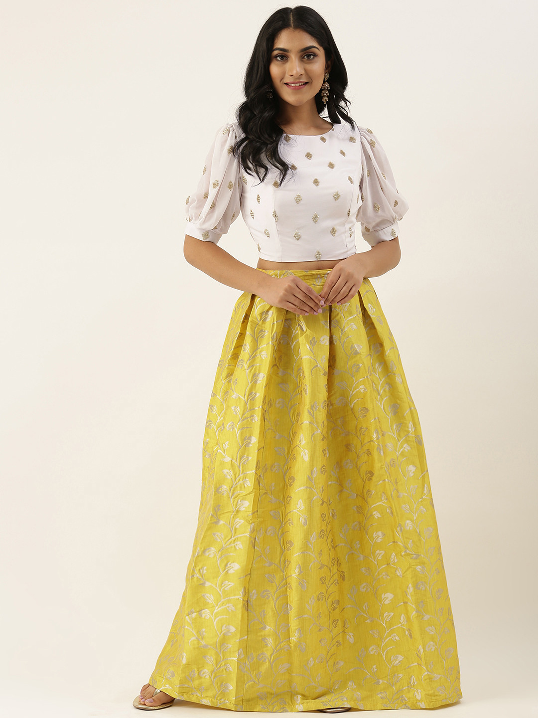 Ethnovog White  Yellow Made to Measure Brocade Lehenga with Sequin Blouse
