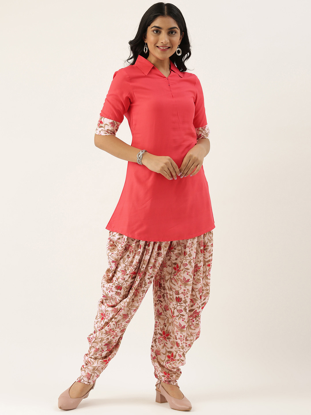 Ethnovog Women Pink  Beige Solid Made To Measure Kurti with Dhoti Pants