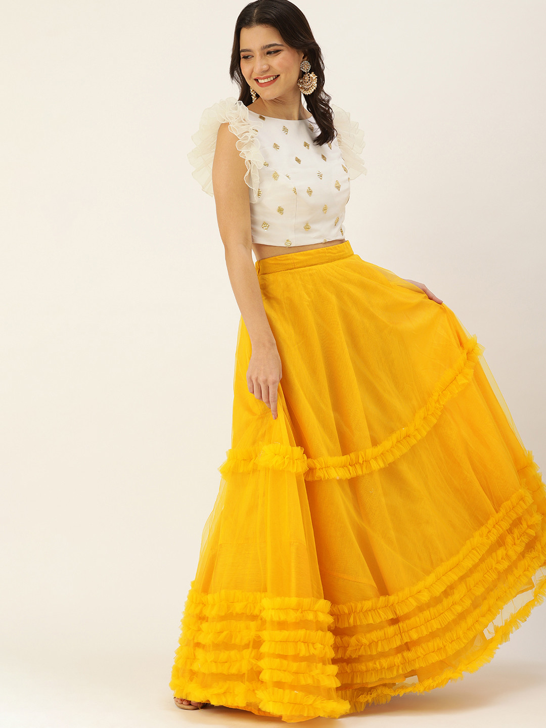 Ethnovog Yellow  White Sequinned Ready to Wear Lehenga  Choli